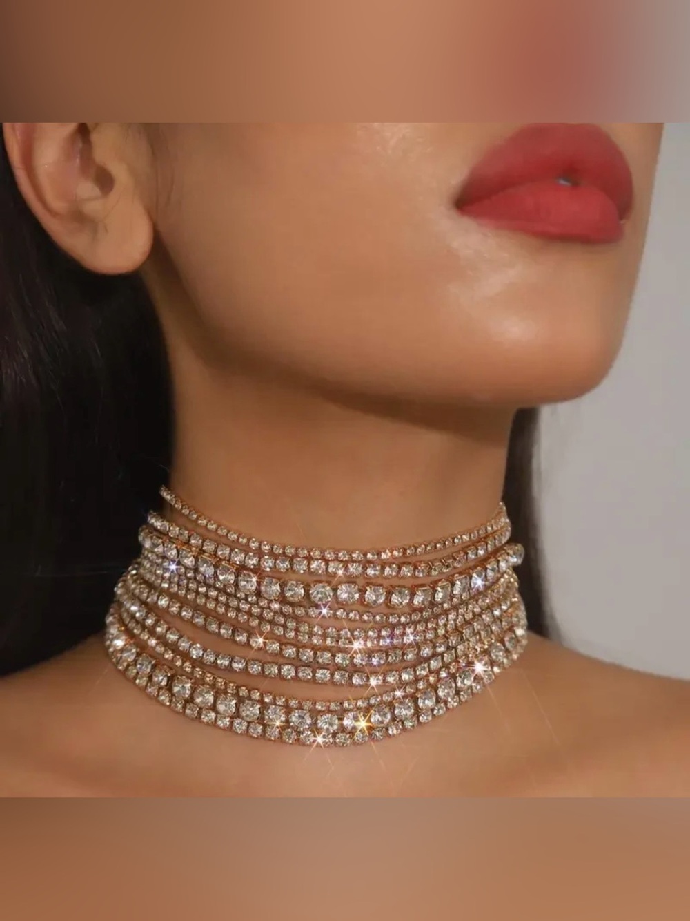Crystal Rhinestone Statement Choker Necklace Gold - Picture 5 of 5